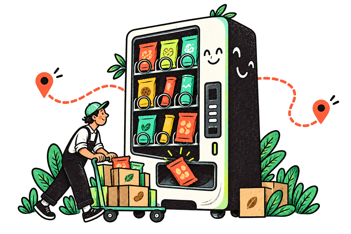 Hand-drawn vending operator pushing a restock cart beside a lively vending machine
